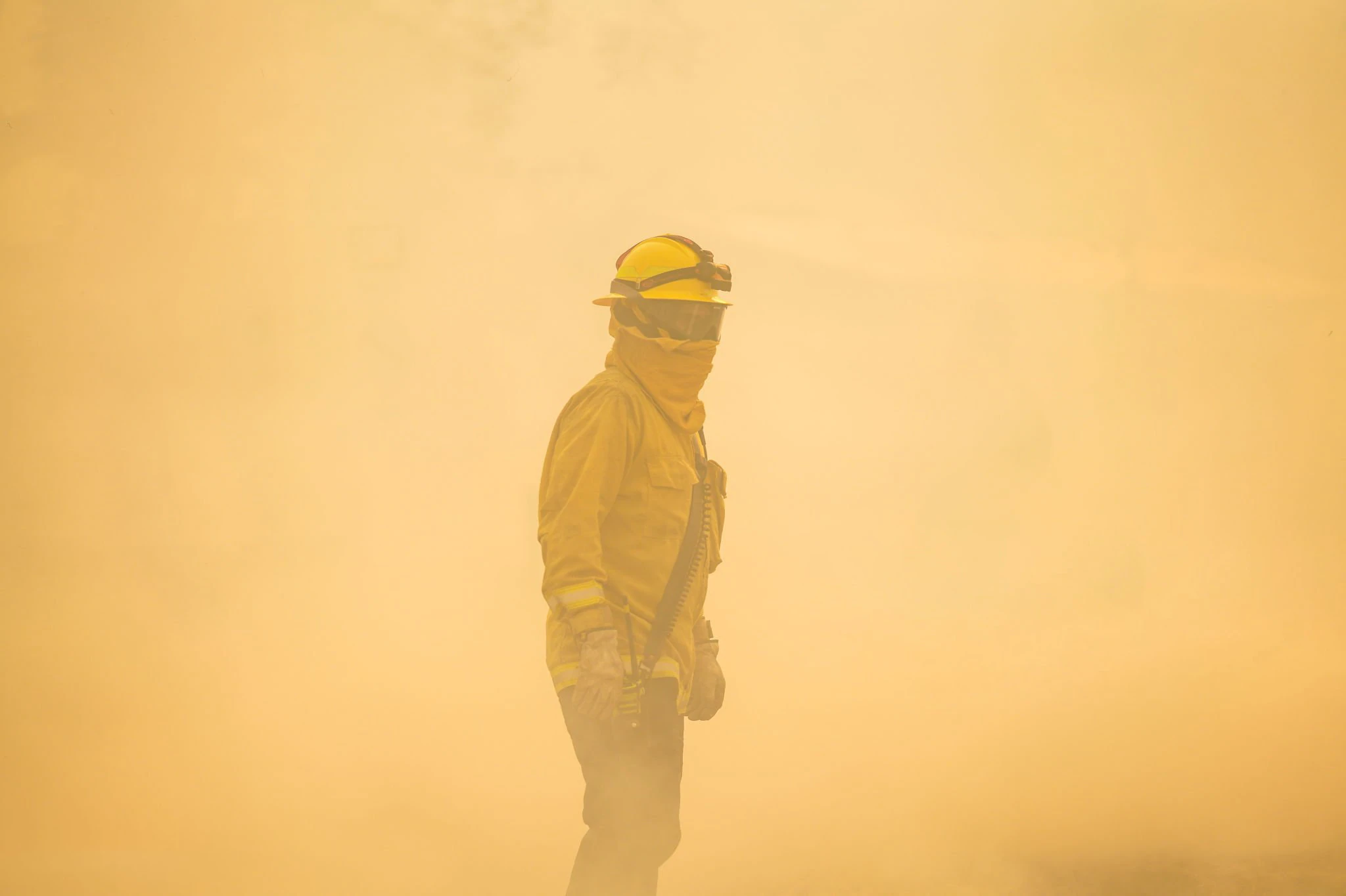 Wildland firefighter working near an active wildfire
